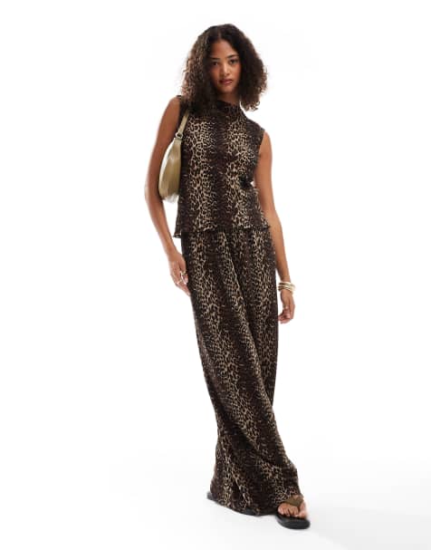 Pieces mini plisse wide leg trouser co-ord in leopard print