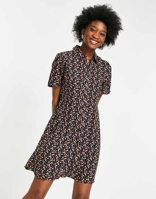 Pieces mini shirt dress in black ditsy floral print | ASOS