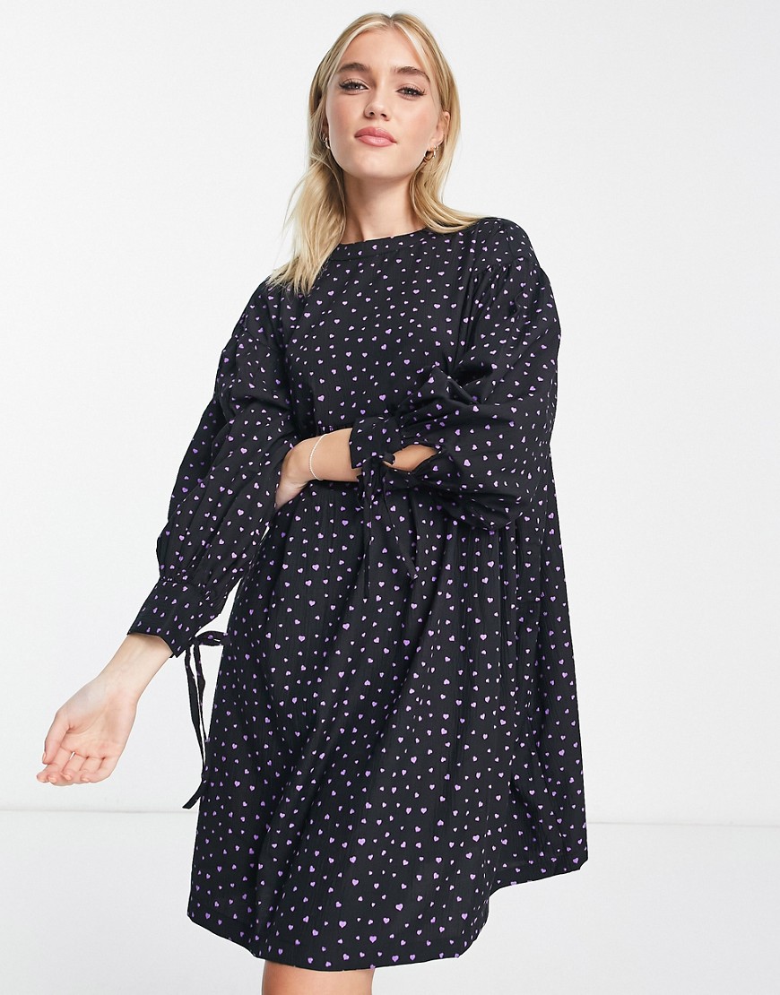 Pieces mini smock dress in black with purple hearts