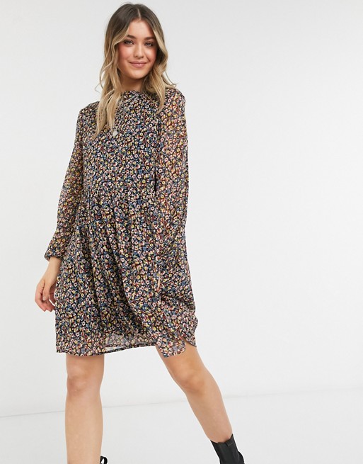 Pieces mini smock dress with volume sheer sleeve in ditsy floral