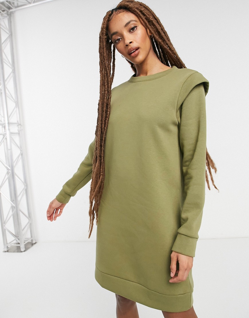 Pieces mini sweat dress with padded shoulder in khaki-Green