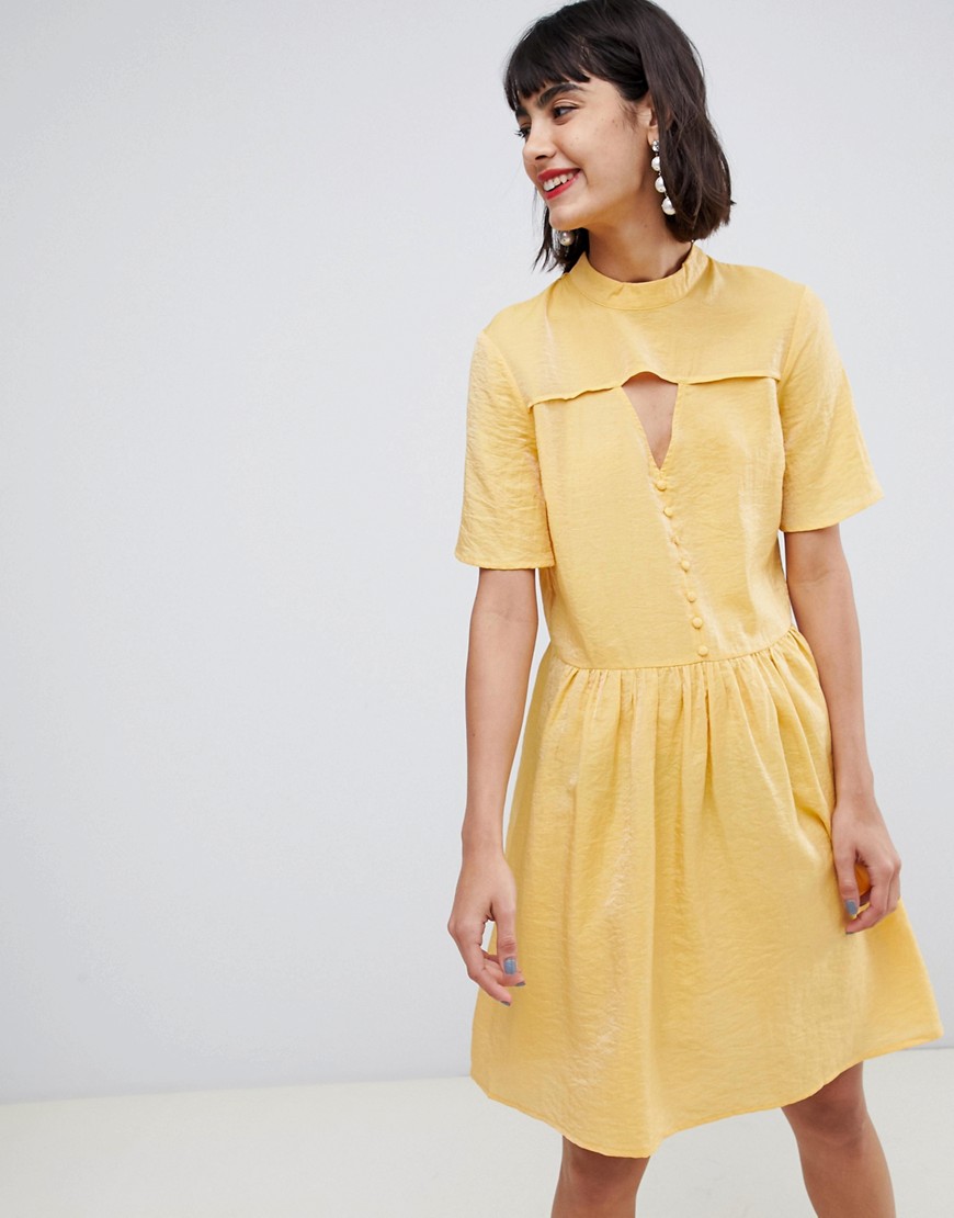 Pieces mini tea dress with button detail in yellow