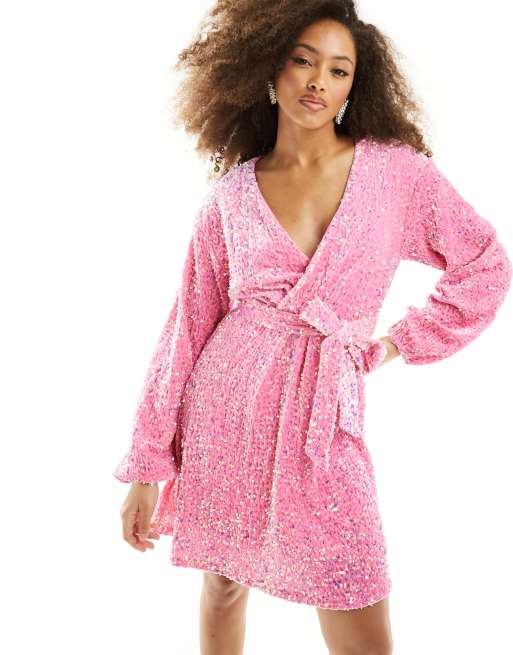 Pieces – Mini-Wickelkleid in Rosa mit Paillettenbesatz und Bindegürtel