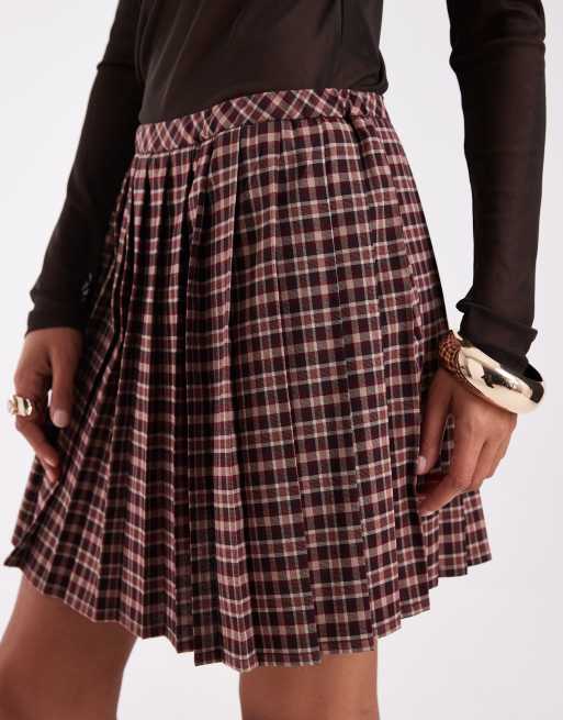 Pieces - minifalda plisada a cuadros marrón y burdeos, 5 de 5