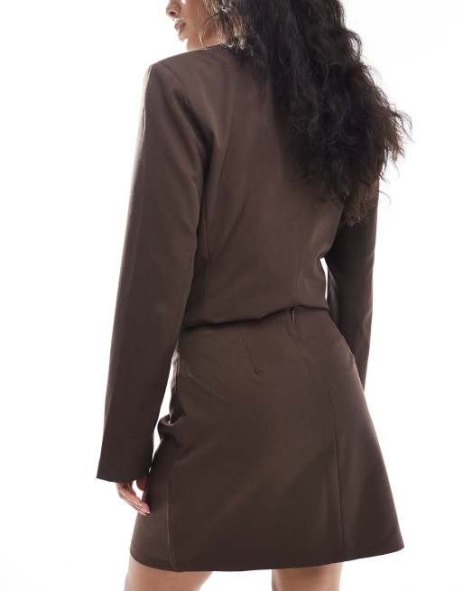 Pieces - Minigonna a pieghe sartoriale marrone in coordinato, 3 di 5