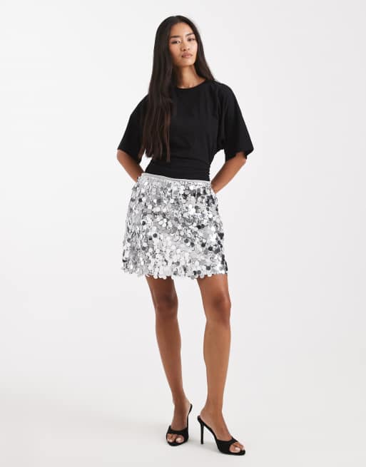 Pieces - Minigonna argentata con paillettes a disco, 2 di 5