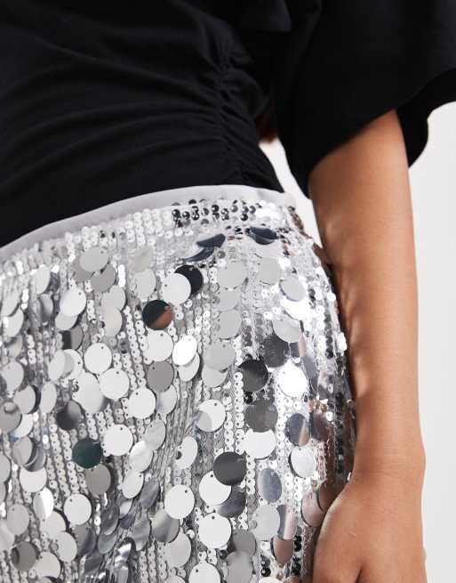 Pieces - Minigonna argentata con paillettes a disco, 3 di 5