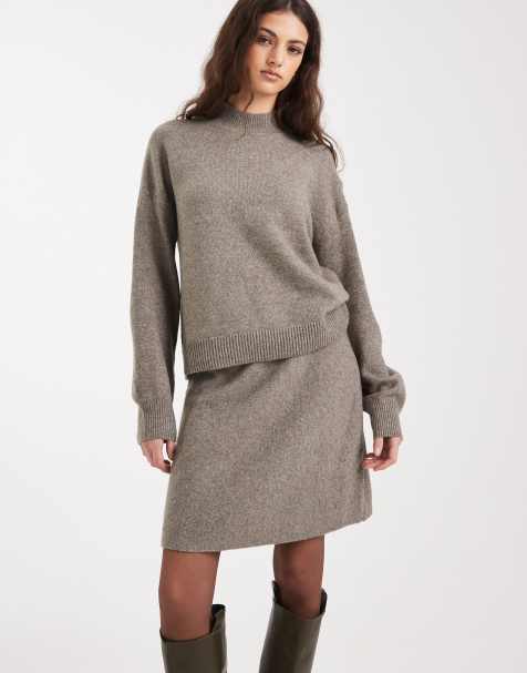 Pieces - Minigonna in maglia marrone mélange in coordinato - view 1