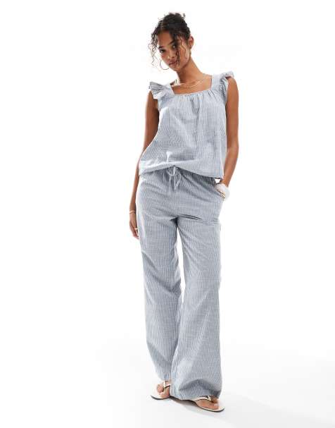 Pieces mis and match ruffle cami, short and trouseer co-ord in blue stripe - view 1