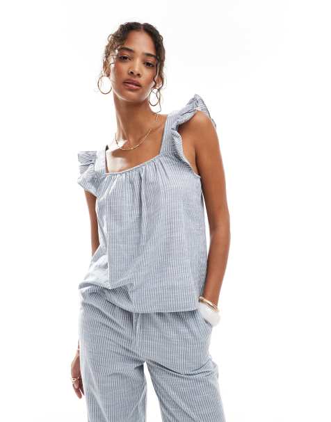 Pieces mix and match flutter strap cotton tank top in blue stripe