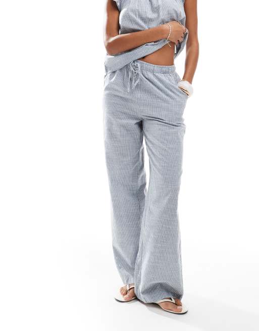Pieces - Mix and match - Pantalon ample en coton noué à la taille - Bleu rayé, 3 de 5