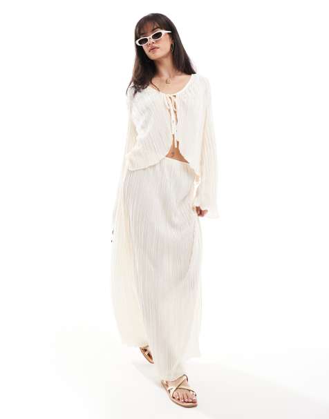 Pieces mix and match plisse maxi skirt co-ord in cream - view 1