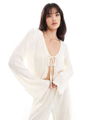 Pieces Mix And Match Plisse Tie Front Top In Cream - Part Of A Set-white