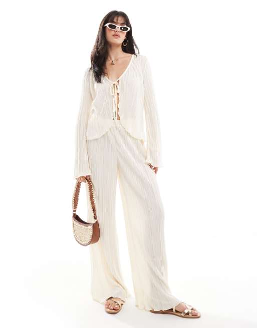 Pieces – Mix and Match – Plissierte Hose in Creme mit weitem Bein, Kombiteil
