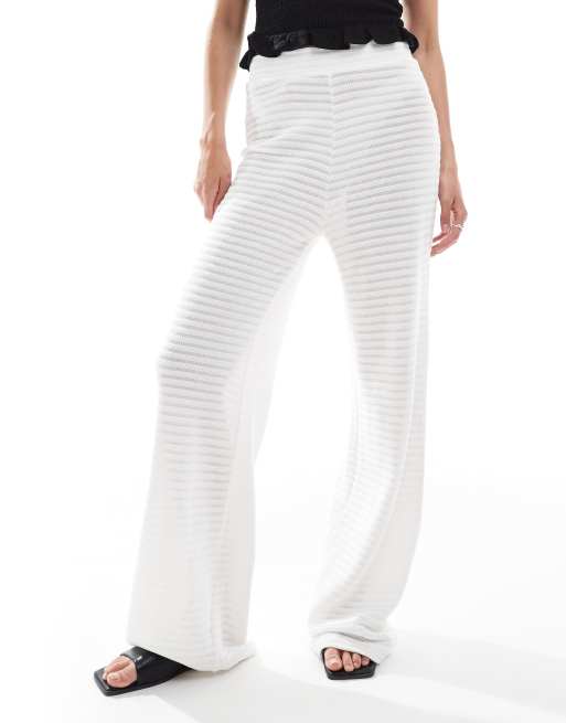 Pieces mix and match self stripe knit wide leg pants in off-white, 3 of 5