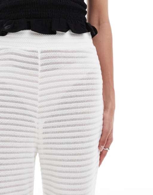 Pieces mix and match self stripe knit wide leg pants in off-white, 4 of 5