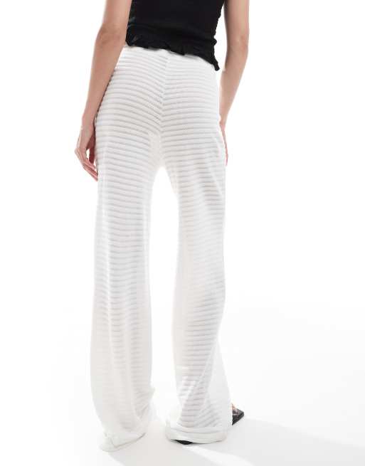 Pieces mix and match self stripe knit wide leg pants in off-white, 5 of 5