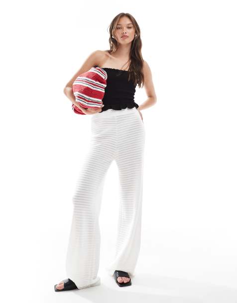 Pieces mix and match self stripe knitted wide leg trouser in off white