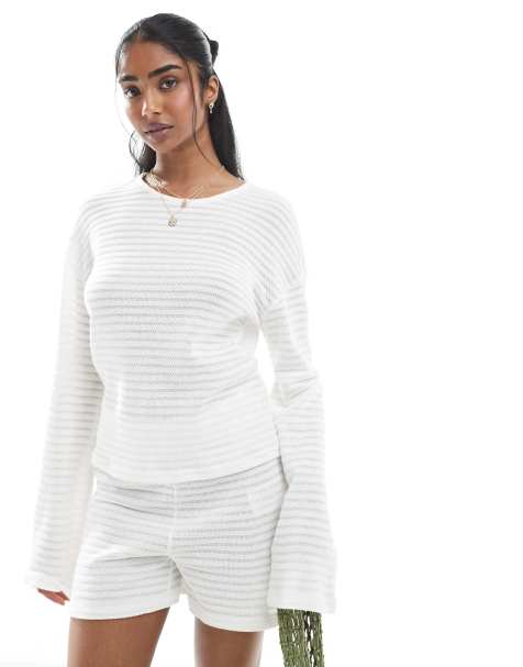 Pieces mix and match self stripe knitted wide sleeve top in off white - view 1