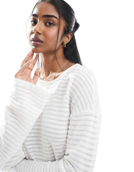 Pieces mix and match self striped knit wide sleeve top in off white, 3 of 4