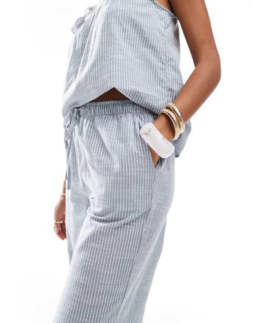Pieces mix and match tie waist cotton wide leg pants in blue stripe, 4 of 5