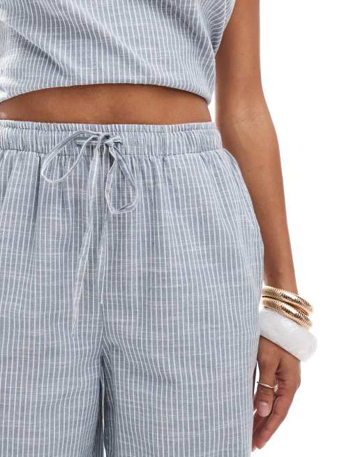 Pieces mix and match tie waist cotton wide leg pants in blue stripe, 5 of 5