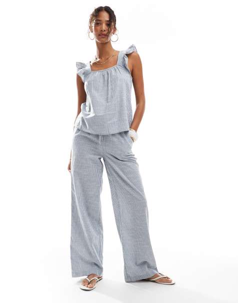 Pieces mix and match tie waist cotton wide leg trouser in blue stripe