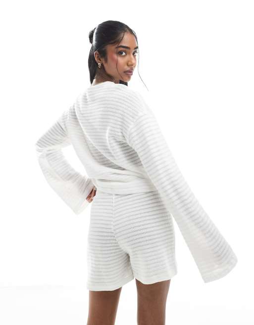 Pieces - Mix and Match - Top in maglia bianco sporco a righe con maniche ampie, 4 di 4