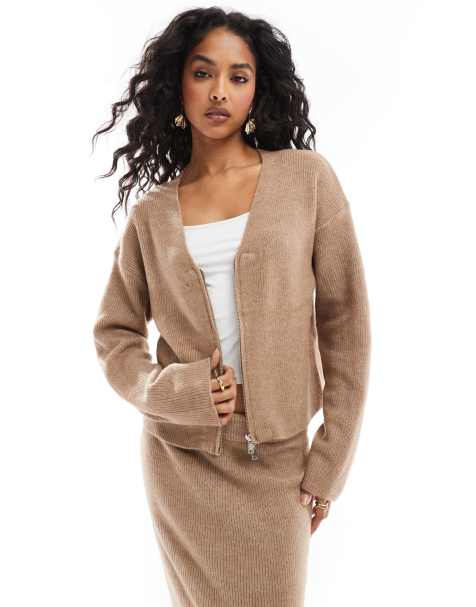 Pieces - Mix & Match - Cardigan color tortora con scollo a V in coordinato - view 1