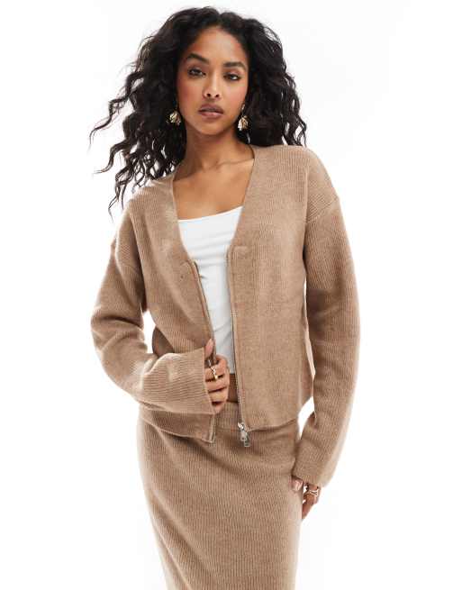 Pieces - Mix & Match - Cardigan color tortora con scollo a V in coordinato