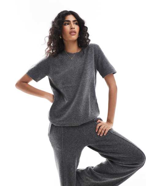 Pieces Mix & Match cosy knitted t-shirt in dark grey melange (part of a set) - view 1