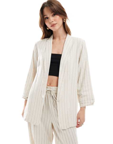 Pieces mix & match linen touch ruched sleeve blazer in birch cream and black stripe