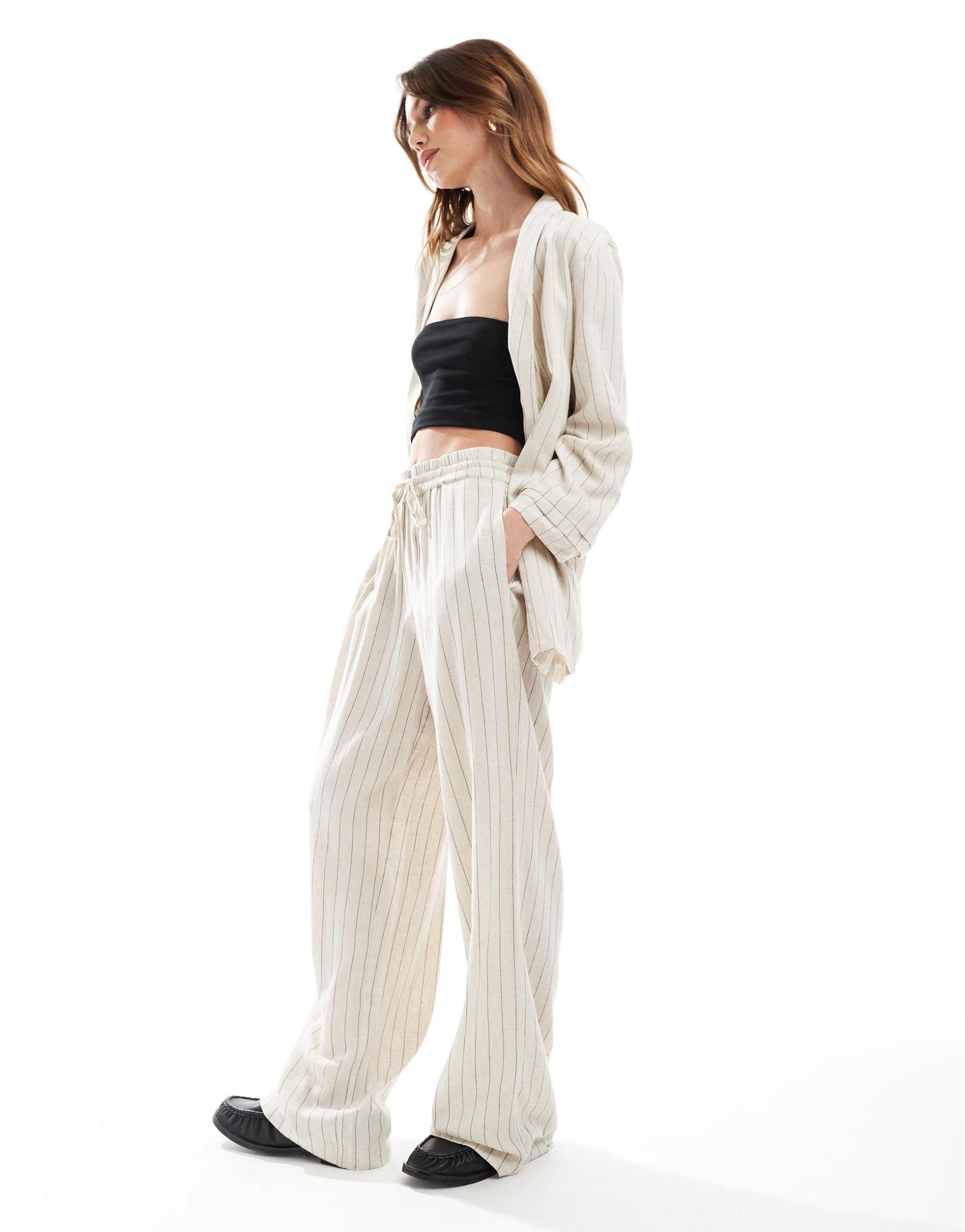 pieces mix & match linen mix wide leg pants in birch cream and black stripe