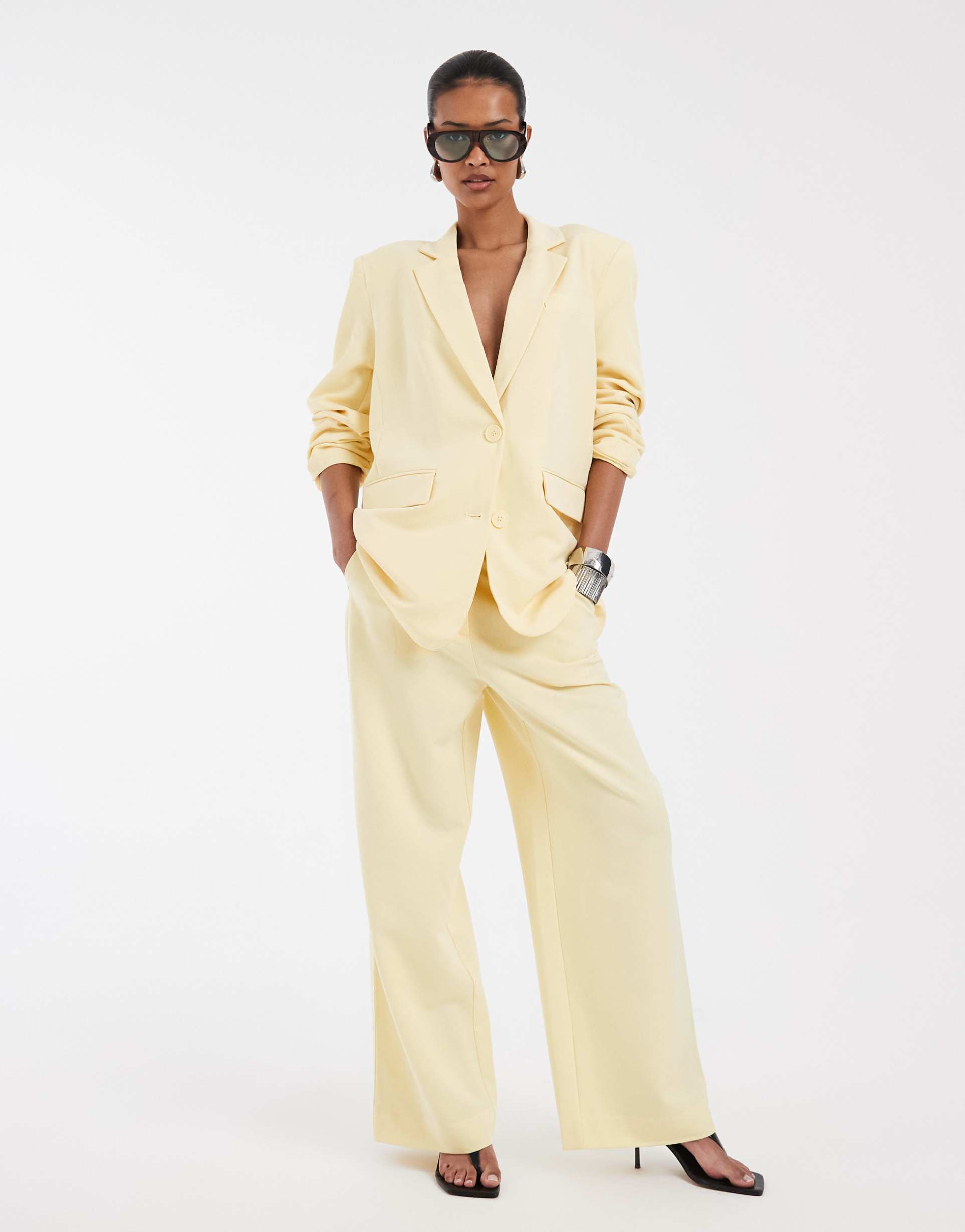 pieces mix & match tailored high waist wide leg pants in pale yellow