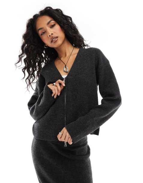 Pieces mix & match v neck cardigan co-ord in charcoal - view 1