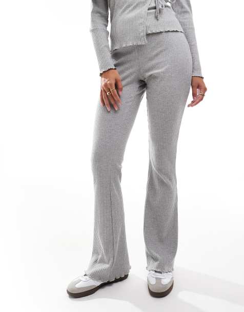 Pieces Mix & Match wellness lettuce edge flared jersey pants in light grey - view 1