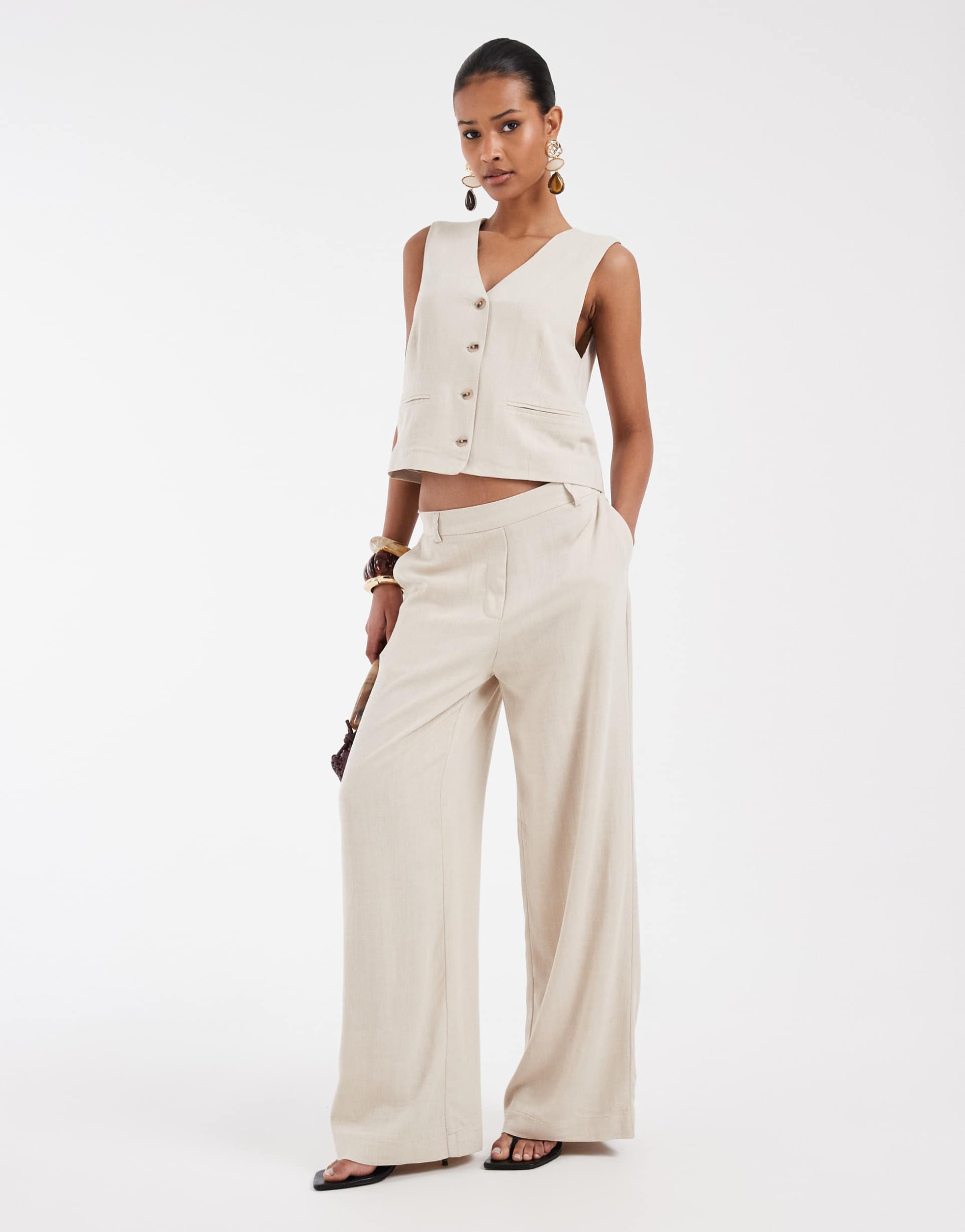 pieces mix & match wide leg tailored pants in warm gray