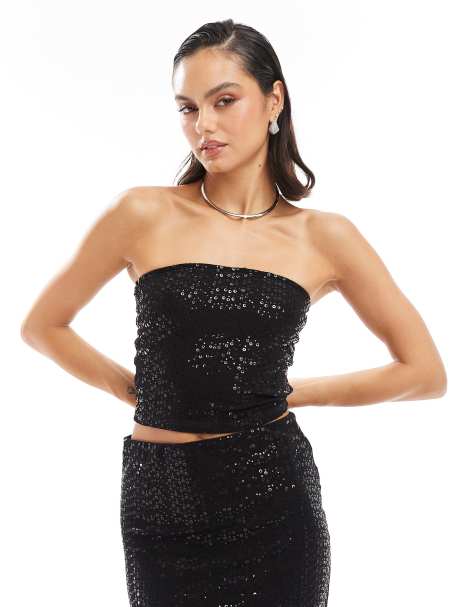 Pieces - Mix og match - Sort bandeau-top i pailletstof - Del af sæt - view 1