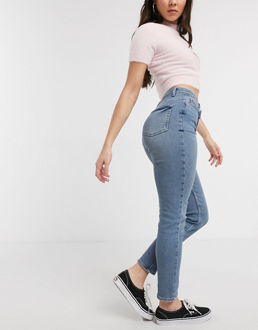 Pieces Molly mid waist slim jeans in light blue