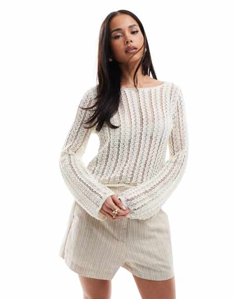 Pieces – Molnvit, randig, virkad topp i kort design - view 1