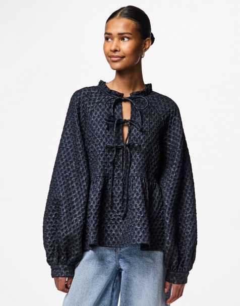 Pieces – Mörkblå blus med långa ärmar - view 1
