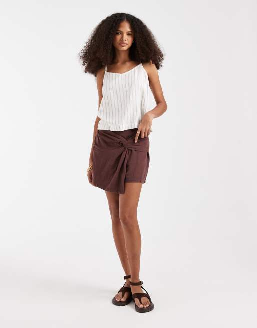 Pieces – Mörkbrun skort i texturerad bomull med hög midja och knutdetalj, 2 av 5