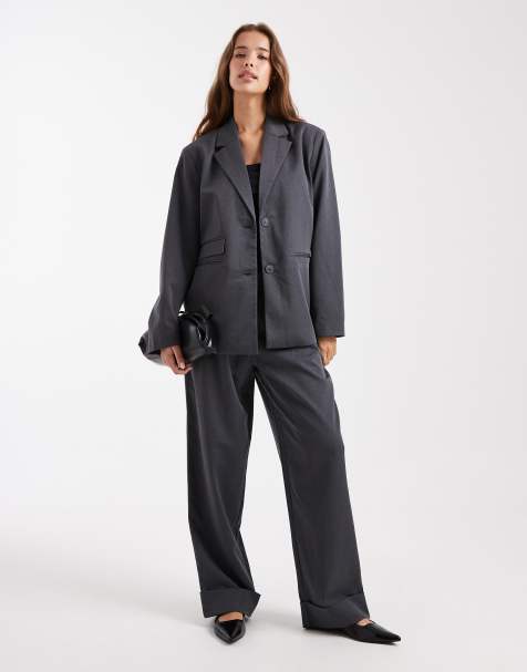 Pieces – Mörkgrått, melerat set med figursydd oversize-kavaj och byxor - view 1