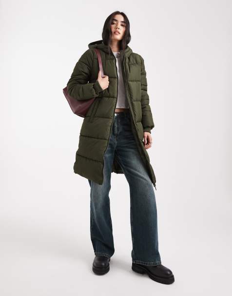 Pieces – Mörkt kakigrön, lång, vadderad kappa med huva - view 1