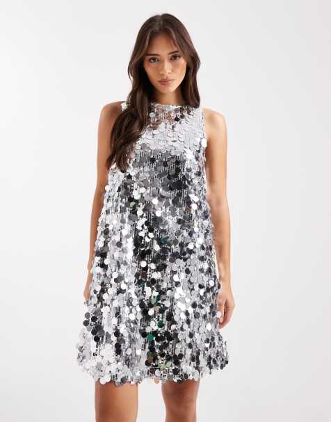 Pieces - Mouwloze mini jurk met grote lovertjes in zilver - view 1