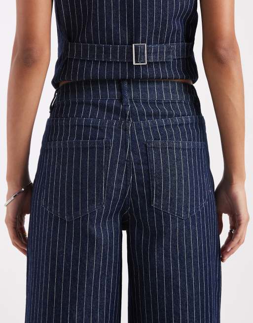 Pieces - Mørkeblå jeans med mellemhøj talje og brede ben samt nålestriber - Del af sæt, 4 af 5