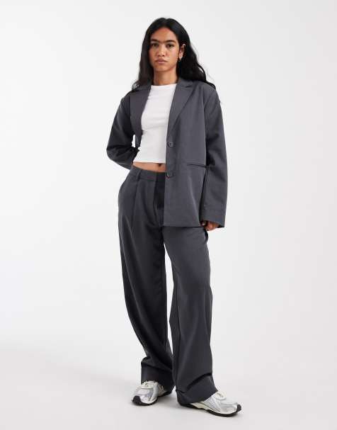 PIECES - Mørkegråmeleret skræddersyet habitsæt med oversized blazer og bukser - view 1