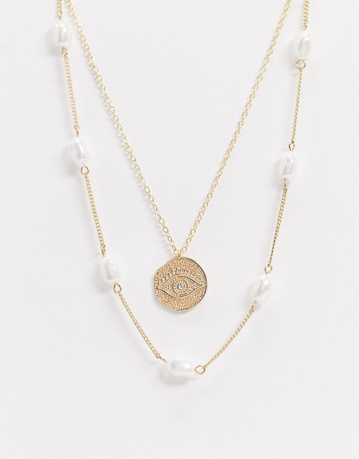 Pieces multi chain necklace with coin and pearl detail in gold