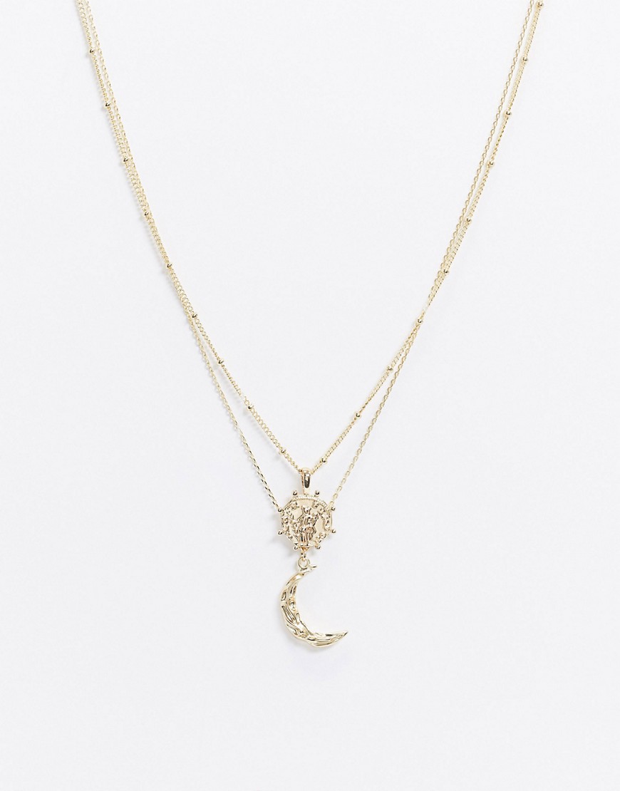 Pieces multi chain necklace with moon and sun pendant in gold