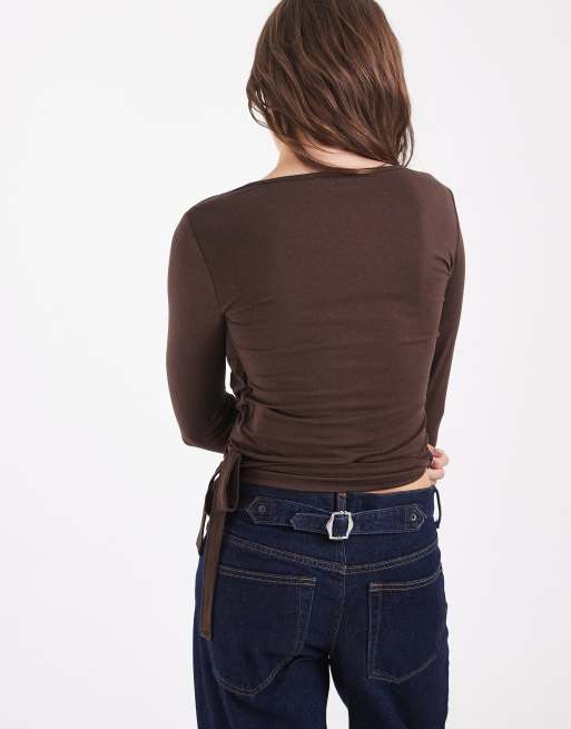 Pieces multi layer wrap detail jersey top in brown and pastel blue, 2 of 4